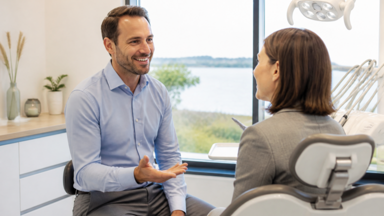 Dentiste accueillant un patient dans un cabinet dentaire moderne et lumineux du territoire Estuaire