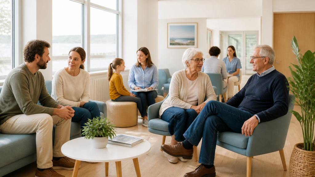 Salle d'attente d'un centre de santé local avec des patients de différentes générations en conversation apaisante