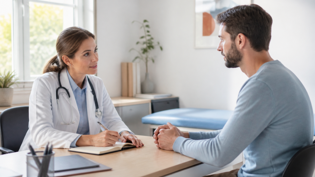 Consultation médicale dans un cabinet local avec un médecin et un patient échangeant dans une ambiance calme et claire