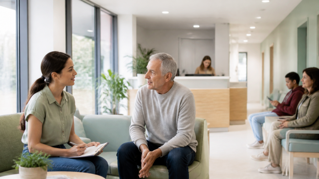 Salle d'attente d’un centre municipal de santé avec un professionnel de santé accueillant un patient dans une ambiance chaleureuse et locale