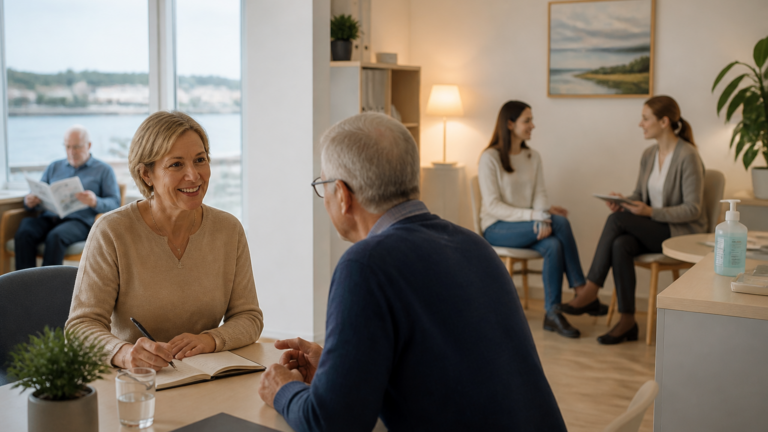 Une consultation médicale paisible dans un cabinet lumineux d’une ville d’estuaire avec un professionnel de santé et un patient en discussion