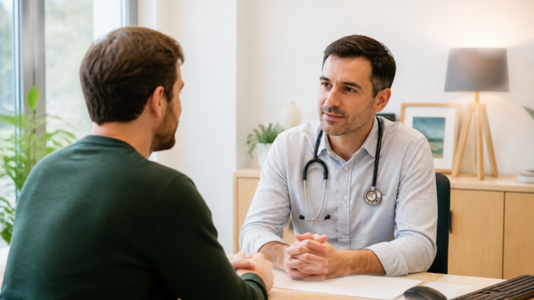 Consultation médicale dans un cabinet clair et accueillant avec un médecin et un patient en discussion