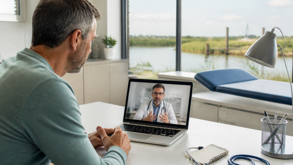 Patient en téléconsultation avec un médecin depuis son domicile dans un cadre apaisant