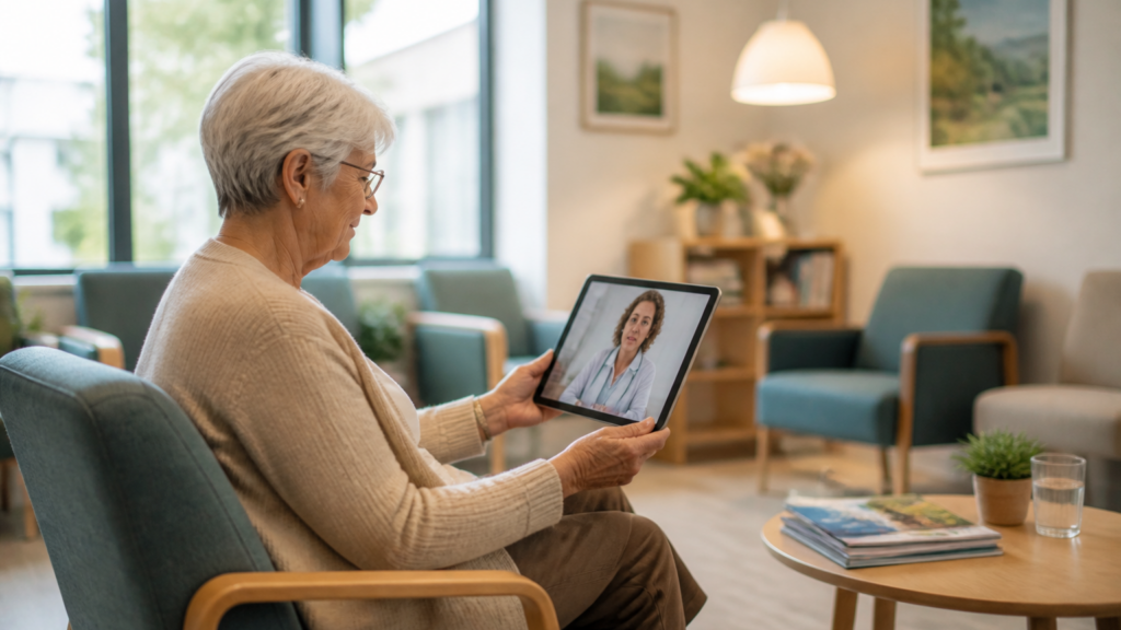 Personne senior en téléconsultation dans un environnement calme près d’un centre médical local