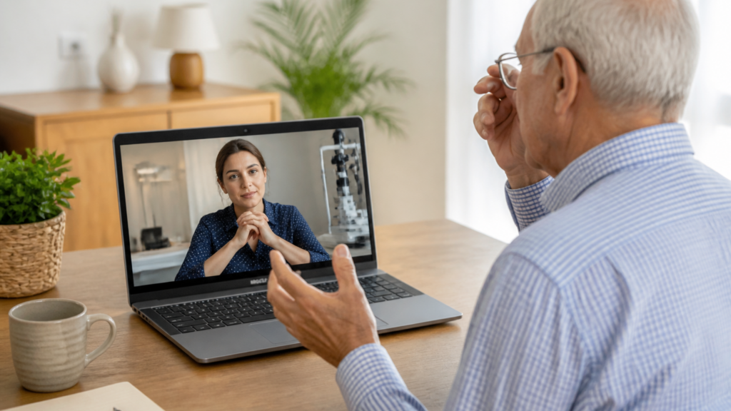 Consultation en téléconsultation ophtalmologie entre un patient senior et un médecin via ordinateur portable