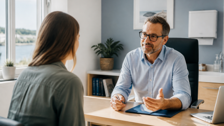 Médecin et patient en consultation dans un cabinet médical lumineux et accueillant