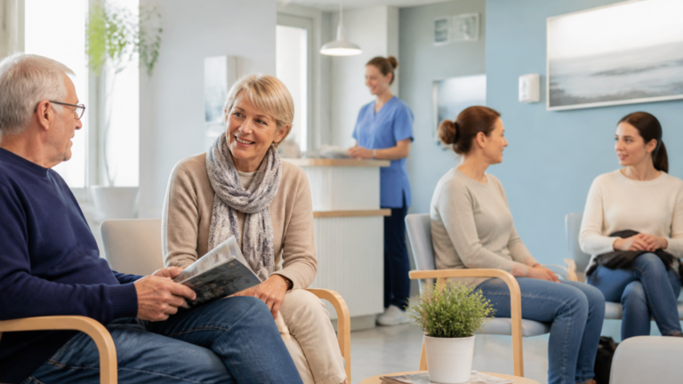 Salle d'attente d’un cabinet médical local avec patients et personnel souriant, ambiance calme et lumineuse