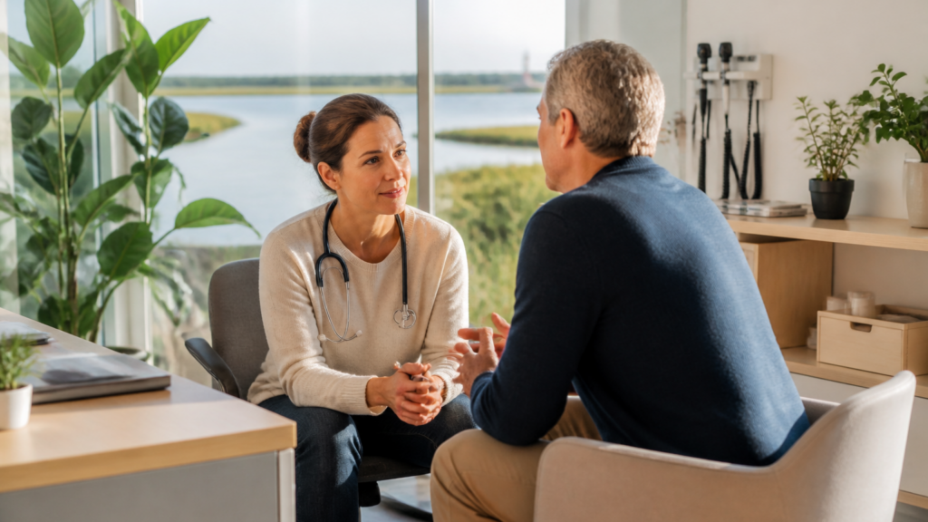 Professionnel de santé discutant avec un patient dans un centre d'examen de santé local, ambiance lumineuse et apaisante.