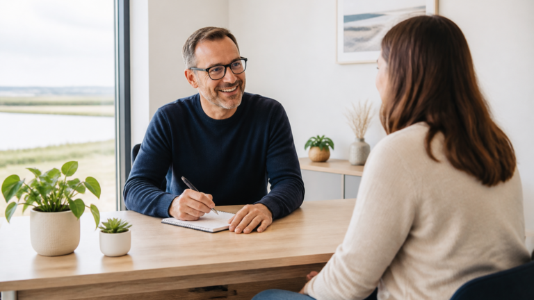 Consultation dans un cabinet médical local, médecin accueillant un patient avec bienveillance dans un environnement clair et apaisant.