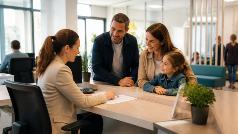 Agent CAF aidant une famille dans une agence d’accueil locale