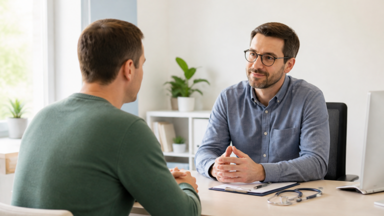 Consultation entre un médecin généraliste et un patient dans un cabinet de santé local, ambiance calme et professionnelle