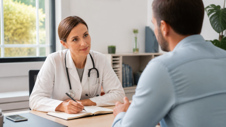 Consultation médicale dans un cabinet lumineux entre un médecin généraliste et un patient