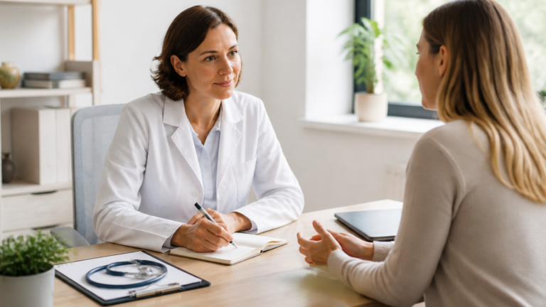 Consultation sereine entre un patient et un professionnel de santé dans un cabinet lumineux et accueillant