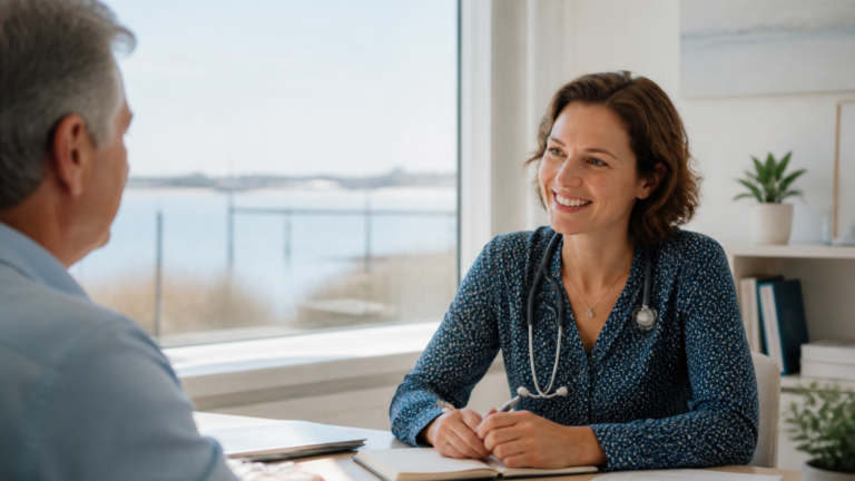 Consultation médicale calme et bienveillante dans un cabinet local avec échanges entre patient et professionnel de santé