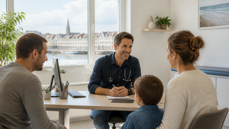 Médecin généraliste dans un cabinet accueillant discutant avec une famille