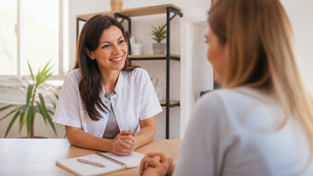 Professionnel de santé accueillant un patient dans un cabinet médical lumineux et convivial