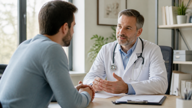 Consultation entre un patient et un médecin dans un cabinet lumineux et accueillant