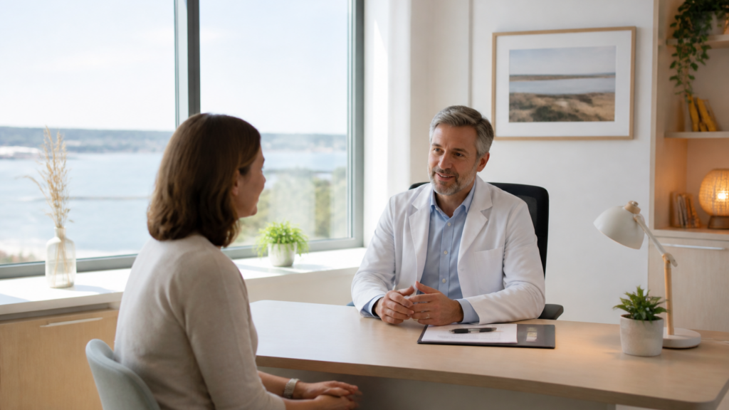 Patiente en consultation avec un médecin dans une salle lumineuse et apaisante