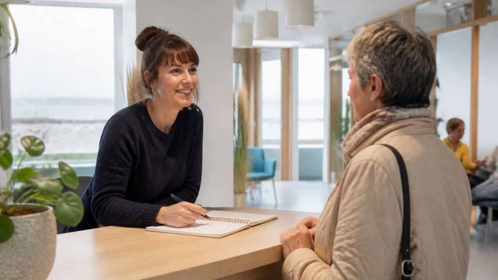 Accueil chaleureux dans un centre municipal de santé avec un professionnel de santé et un patient en estuaire