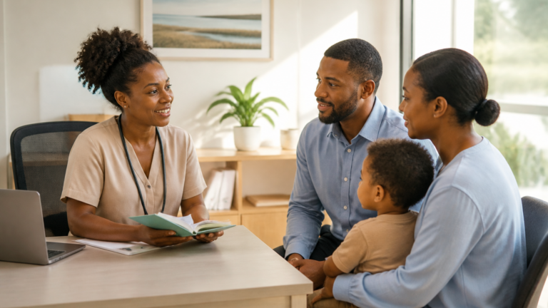 Consultation bienveillante entre un professionnel de santé et une famille dans un cabinet lumineux de la région Estuaire