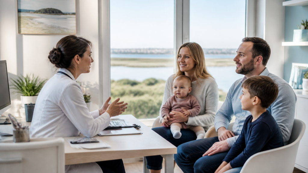 Médecin accueillant une famille avec enfant et bébé dans un cabinet médical clair et apaisant