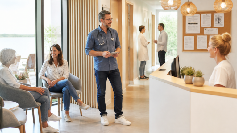Intérieur lumineux et accueillant d'une maison de santé pluriprofessionnelle locale, avec professionnels de santé et espace patient convivial