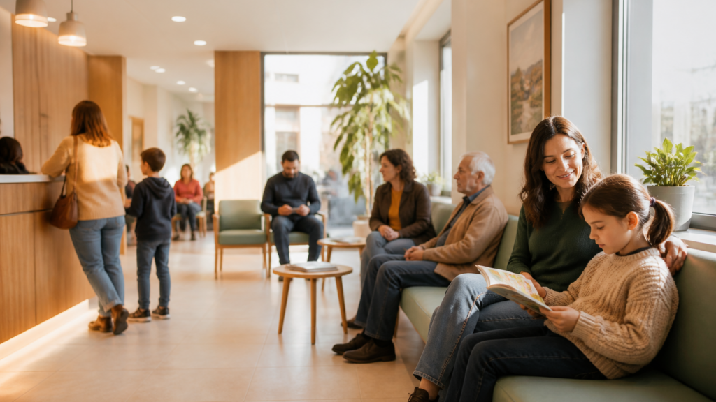 Salle d'attente accueillante dans un centre municipal de santé avec des patients de toutes générations attentifs