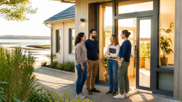 Façade d'une maison de santé pluridisciplinaire avec des professionnels de santé accueillants devant l'entrée