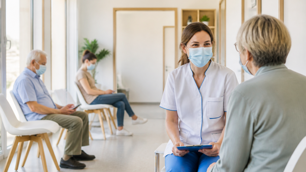Salle d'attente d'un centre de santé local avec un professionnel de santé accueillant un patient dans une ambiance calme et lumineuse