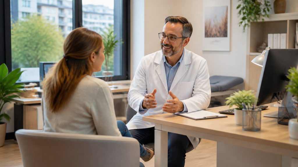 Professionnel de santé et patient échangeant dans un cabinet médical accueillant
