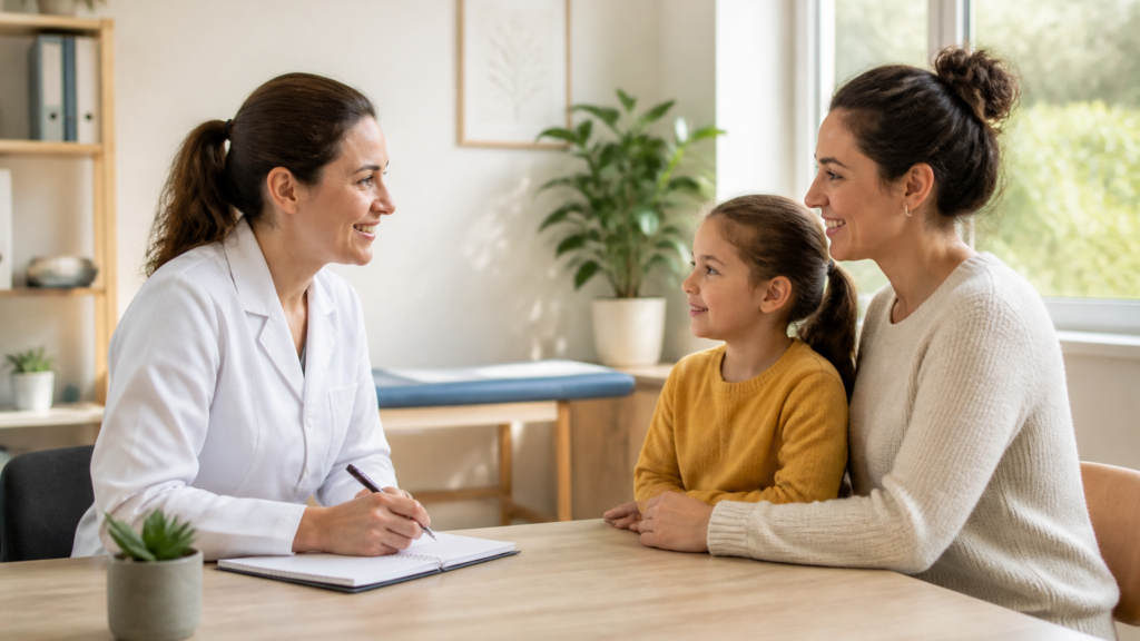 Professionnel de santé discutant avec un patient adulte et un enfant dans une salle claire et apaisante d'un centre d'examen de santé