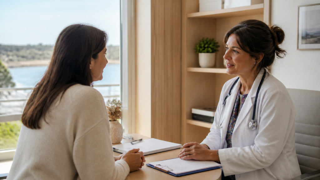 Patient et professionnel de santé en discussion dans un cabinet accueillant près d’un estuaire