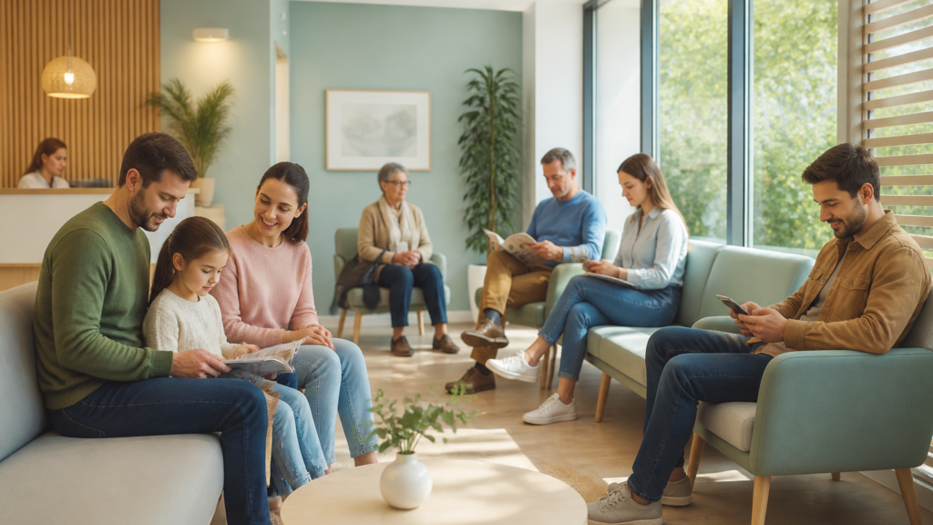 Salle d'attente accueillante dans un cabinet médical local avec plusieurs patients dans une ambiance calme et lumineuse