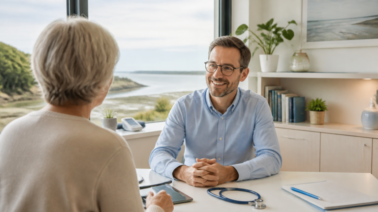 Un médecin généraliste souriant accueille un patient dans un cabinet médical lumineux et calme près de l’estuaire