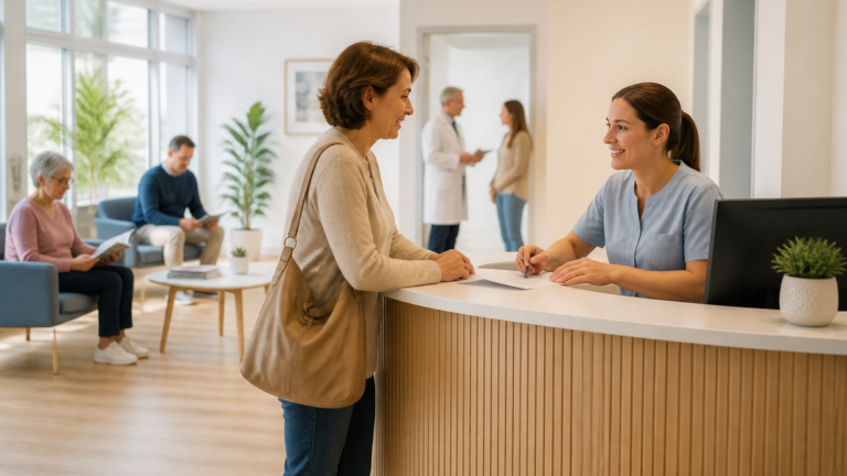 Salle d'attente d'un cabinet médical avec secrétaire et patient, ambiance calme et professionnelle
