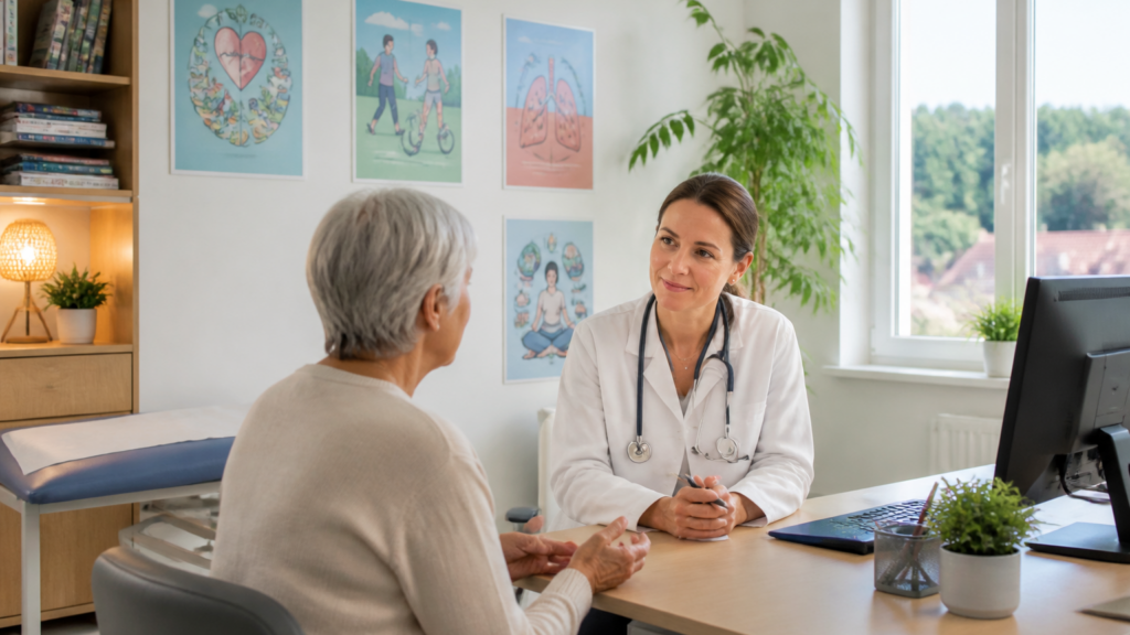 Cabinet de médecin généraliste accueillant avec affiches de prévention santé et patient en consultation