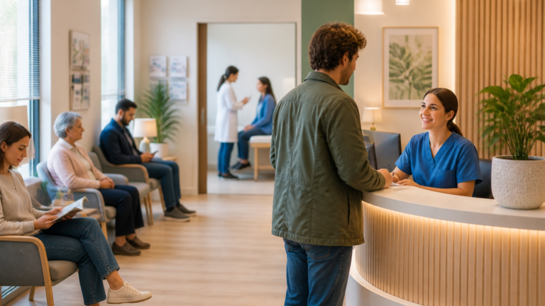 Cabinet médical local avec panneau 'Consultations sans rendez-vous' accueillant un patient