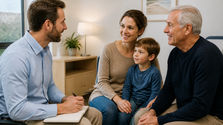 Professionnel de santé échangeant avec un patient dans un cabinet de santé local, ambiance lumineuse et chaleureuse.