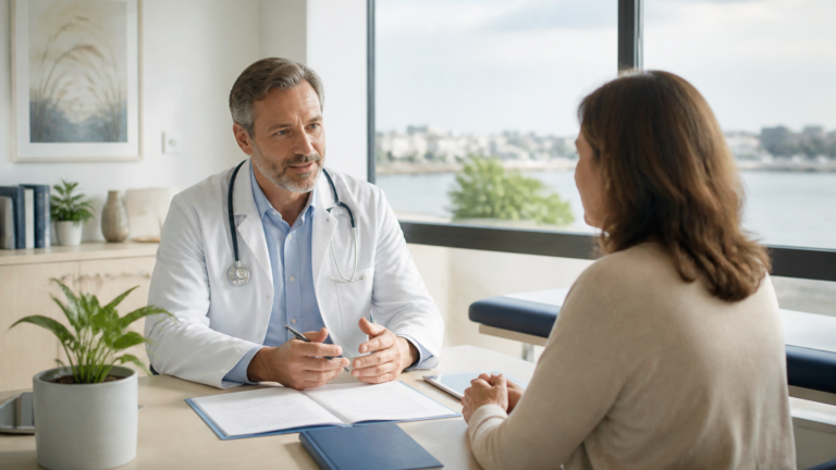 Médecin et patient discutant calmement dans un cabinet médical lumineux de l'estuaire