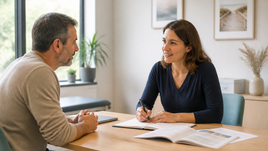 Patient et professionnel de santé discutant calmement dans un cabinet médical local, avec des documents et carnets de notes, ambiance lumineuse et apaisante