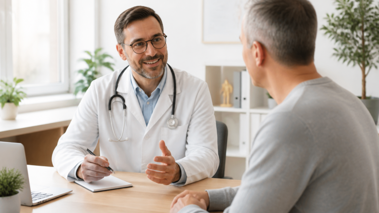 Consultation médicale dans un cabinet local avec échange calme entre médecin et patient
