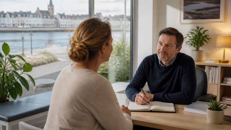 Consultation médicale paisible dans un cabinet lumineux d'une ville d'estuaire, discussion entre médecin et patient avec carnet de notes